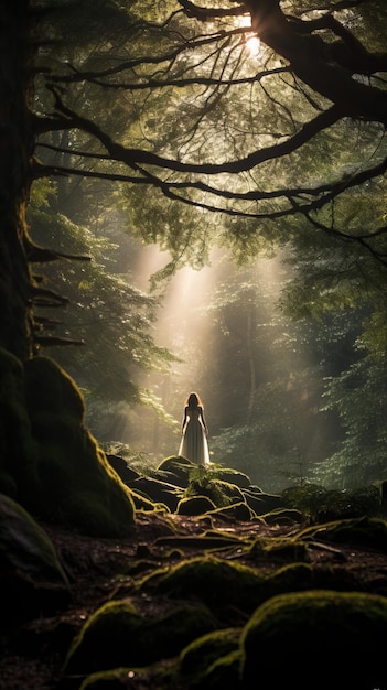 a woman in a white dress stands in the middle of a forest