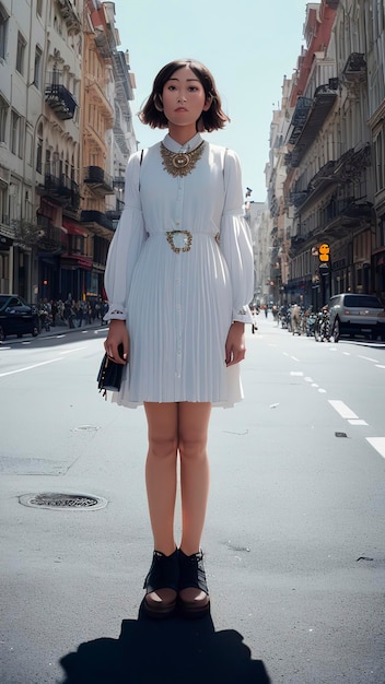 A woman in a white dress stands in the middle of a street.