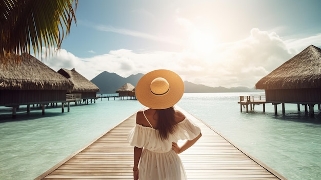 白いドレスを着た女性が熱帯の島の前の桟橋に立っています。