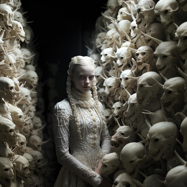 Photo a woman in a white dress stands in a pile of white skulls