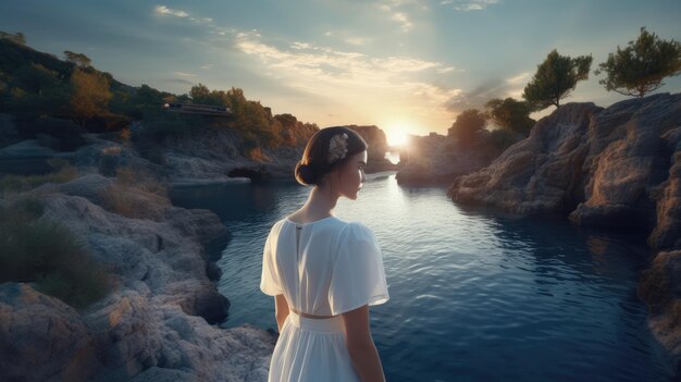 白いドレスを着た女性が夕日の前の岩の上に立っています。