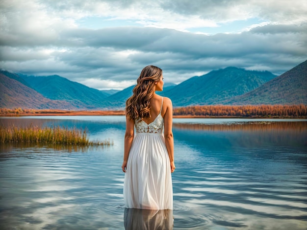 Photo a woman in a white dress stands serenely in a calm lake