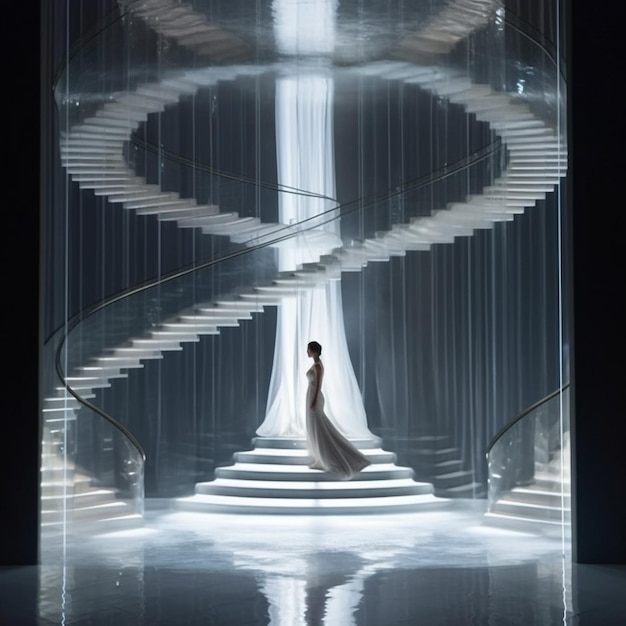 A woman in a white dress stands in a spiral staircase.