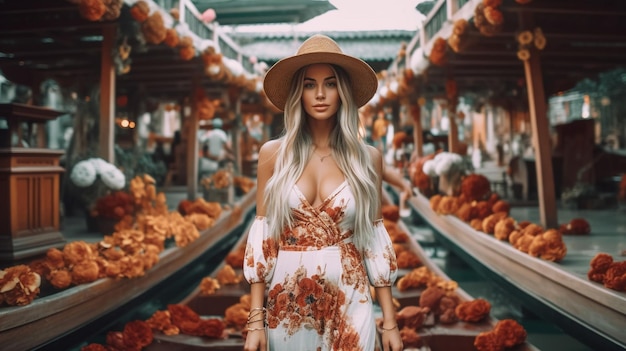A woman in a white dress stands in a store with a pumpkins in the background.