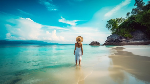 A woman in a white dress stands in the water on a tropical beach.