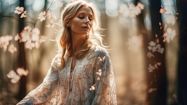 A woman in a white dress stands in the woods with the sun shining on her face.