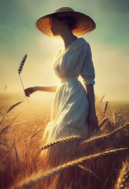 Woman in a white dress and straw hat wheat field generative ai