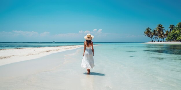 женщина в белом платье на тропическом пляже отдыха высокого качества фото генеративный ИИ