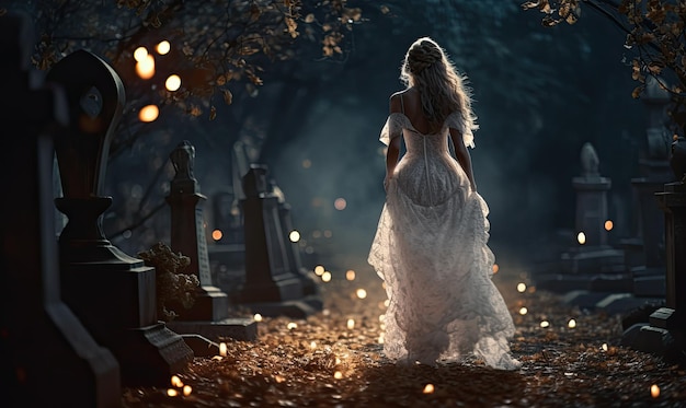 A woman in a white dress walking through a cemetery