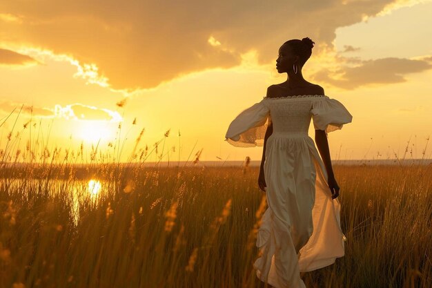 a woman in a white dress walking through a field