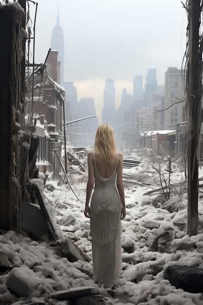 a woman in a white dress walking through a snowy city