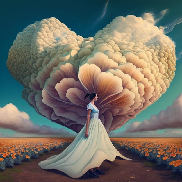 A woman in a white dress walks across a field of flowers with a large heart shaped cloud in the background.