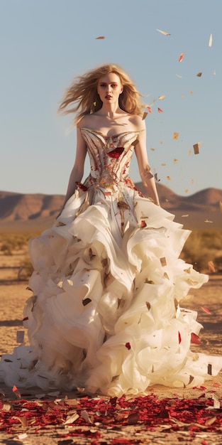 A woman in a white dress walks in the desert