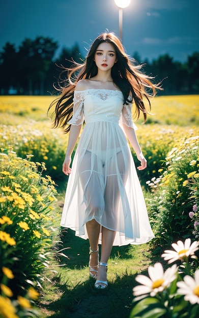 A woman in a white dress walks through a blooming orchid