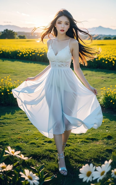 A woman in a white dress walks through a blooming orchid