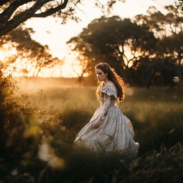 A woman in a white dress walks through a field with trees and the sun shining through her hair.