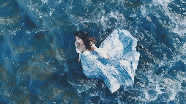 A woman in a white dress in water with a blue and white dress.