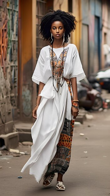 Foto una donna con un vestito bianco e un top bianco si trova in strada.