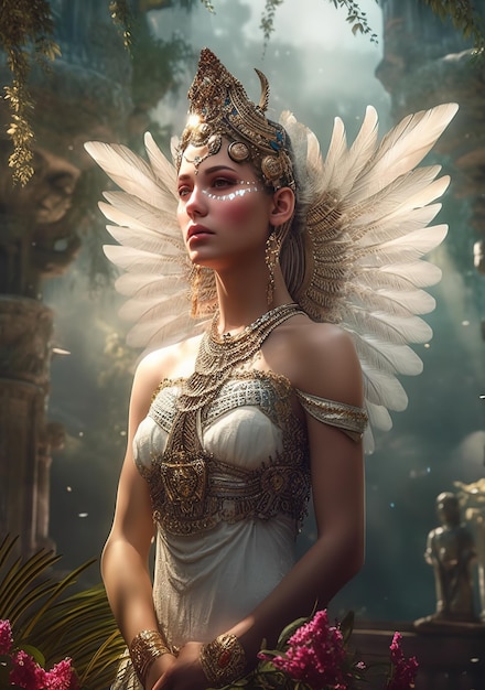 A woman in a white dress with angel wings and a gold crown.