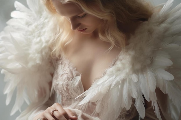 天使の翼を持つ白いドレスを着た女性