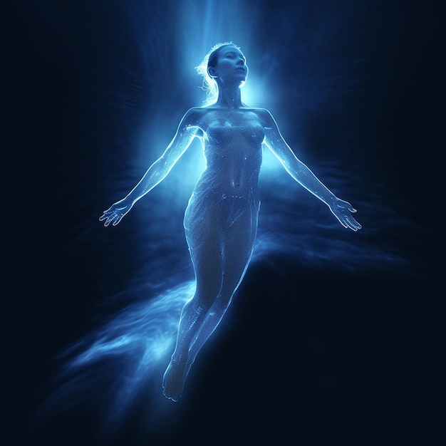 a woman in a white dress with a blue light behind her back.