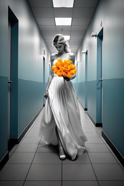 a woman in a white dress with a bouquet of flowers.