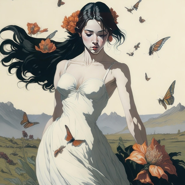 A woman in a white dress with butterflies on her sleeve