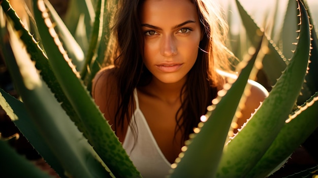 woman in a white dress with a cactus in her hair