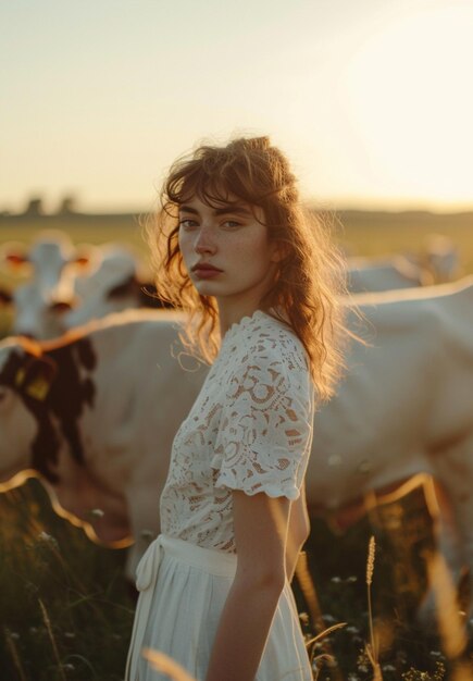 Photo a woman in a white dress with a cow in the background