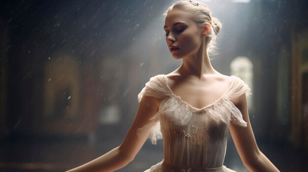 a woman in a white dress with a feather on her head is standing in the rain