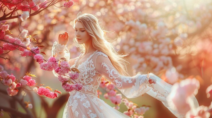 Photo 一個穿著白色禮服的女人,前面有花朵