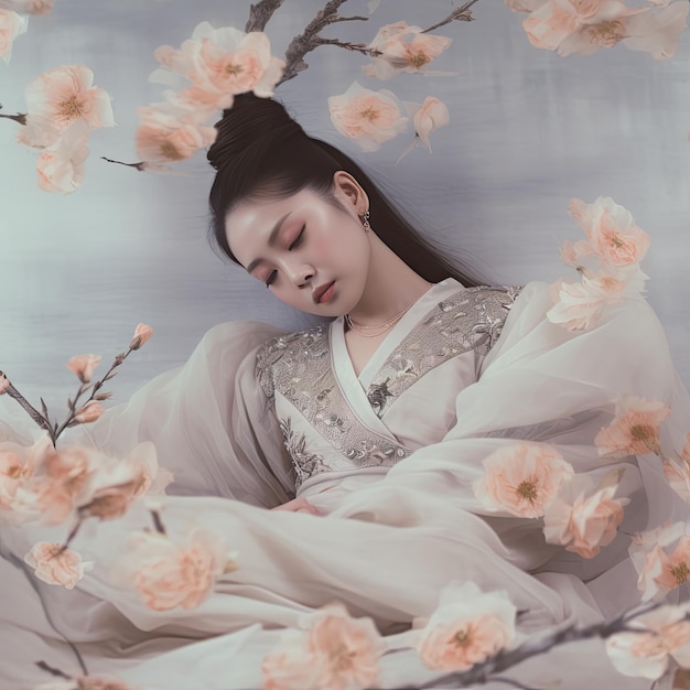 a woman in white dress with flowers