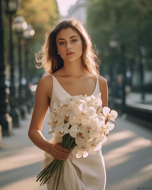 женщина в белом платье с цветами