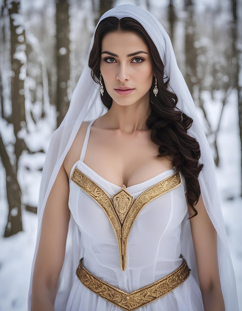 a woman in a white dress with a gold and gold trim is posing in the snow