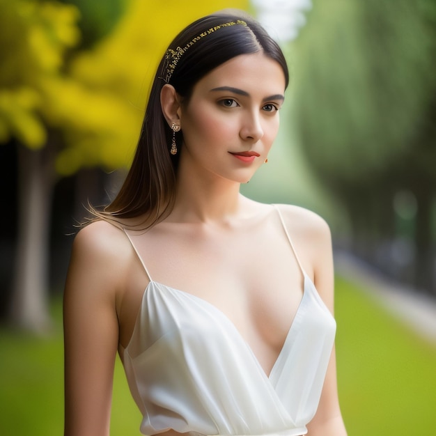 A woman in a white dress with a gold headband and a red headband.