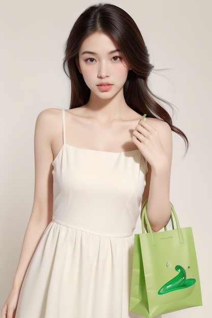 a woman in a white dress with a green bag