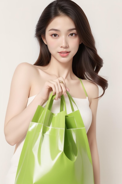 a woman in a white dress with a green bag