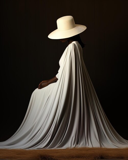 Photo a woman in a white dress with a hat on her head is wearing a hat