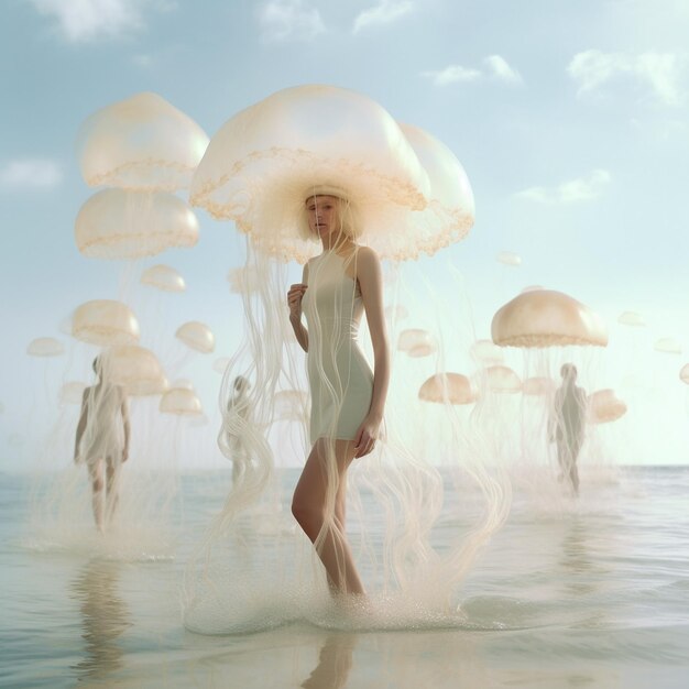 женщина в белом платье с большим белым зонтиком в воде.