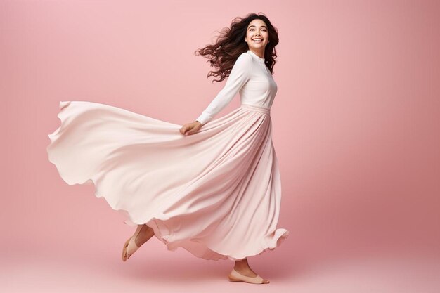a woman in a white dress with long hair is dancing in a pink background