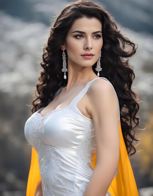 a woman in a white dress with long hair