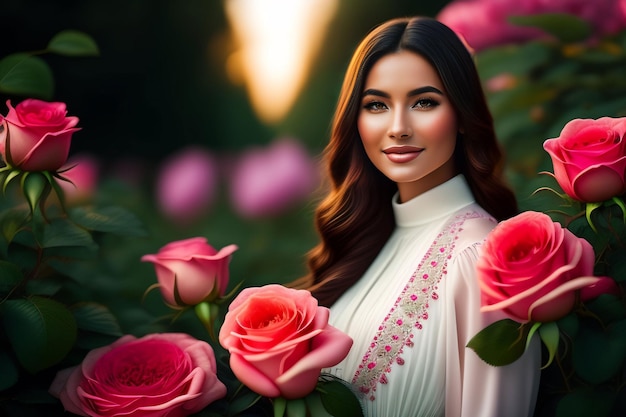 A woman in a white dress with pink roses in the background