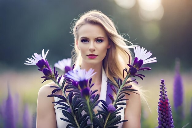 紫の花を持つ白いドレスを着た女性。