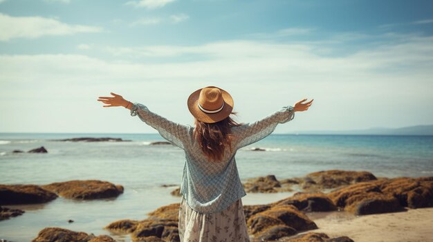 woman in white dress with raised arms raised on tropical beach at summer day