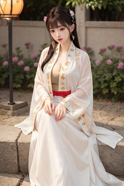 赤い刺繍と金色の刺繍が施された白いドレスを着た女性。