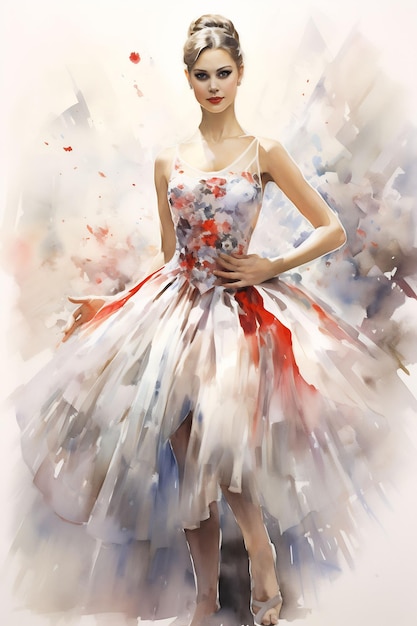 裾に赤い花が付いた白いドレスを着た女性