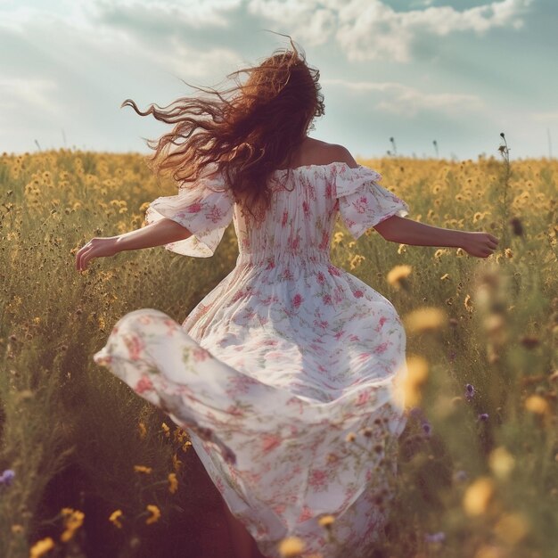 a woman in a white dress with red flowers in the middle of the field.