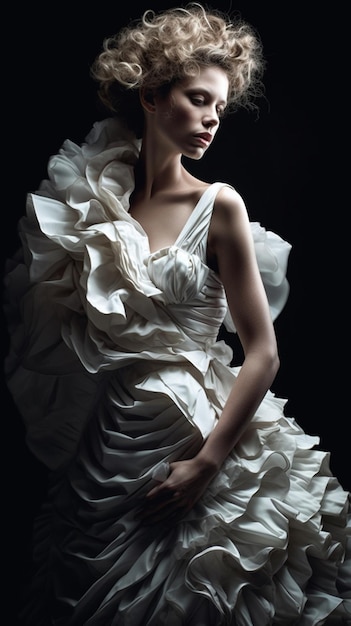 A woman in a white dress with ruffles on it