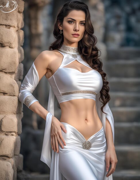 a woman in a white dress with a silver beaded belt is standing in front of a stone wall