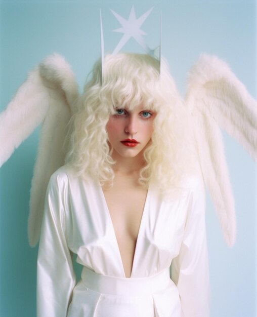 A woman in a white dress with a star on her head and a white angel hat.